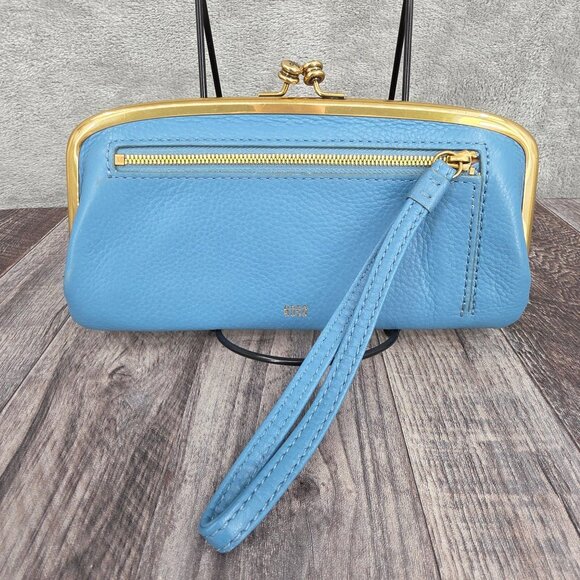 HOBO Cora Large Frame Wallet Clutch Wristlet Dusty Blue Leather Botanical Print - Picture 3 of 14